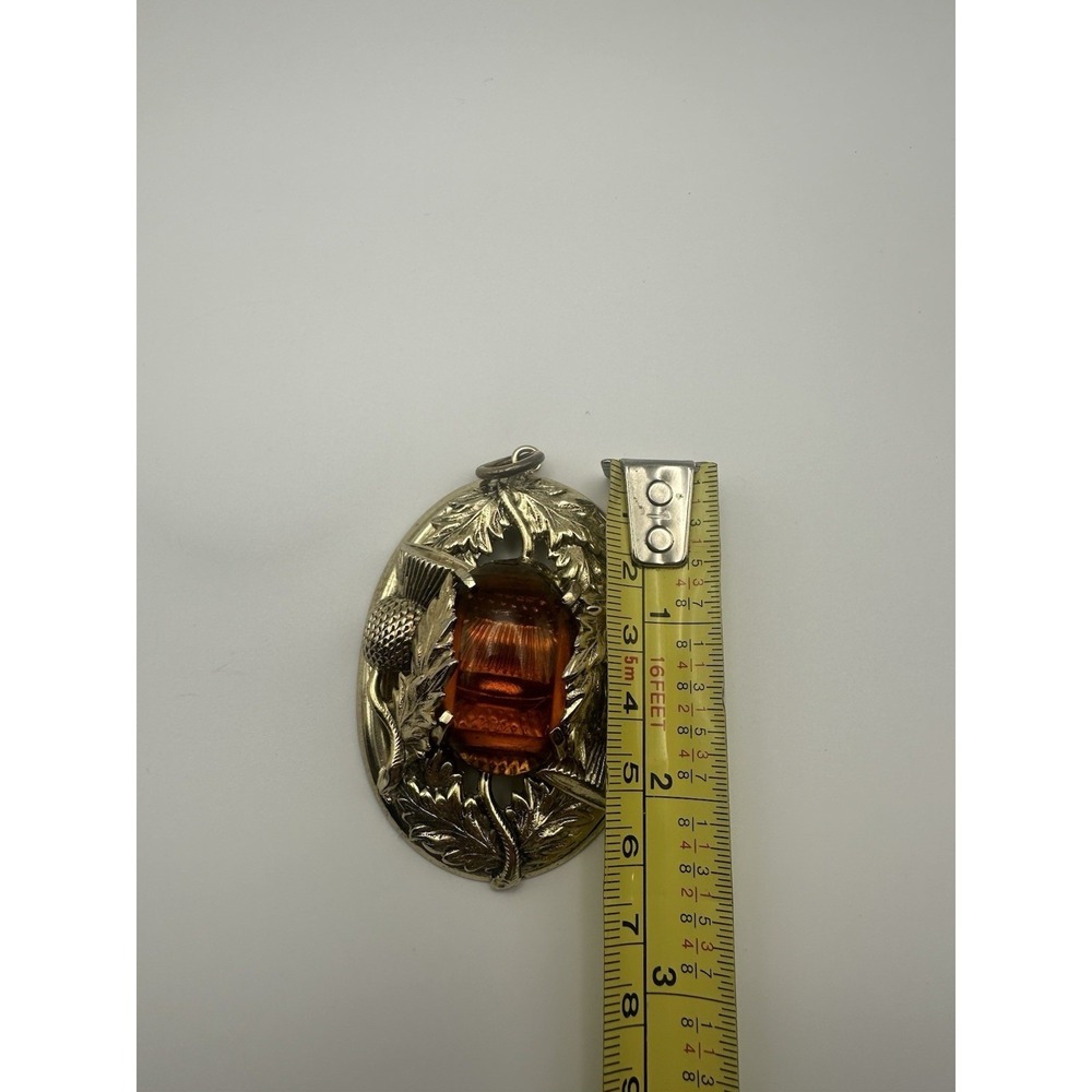 Vintage Scottish Thistle Oval Pendant Amber Glass Silver Tone Celtic Statement - Picture 4 of 4